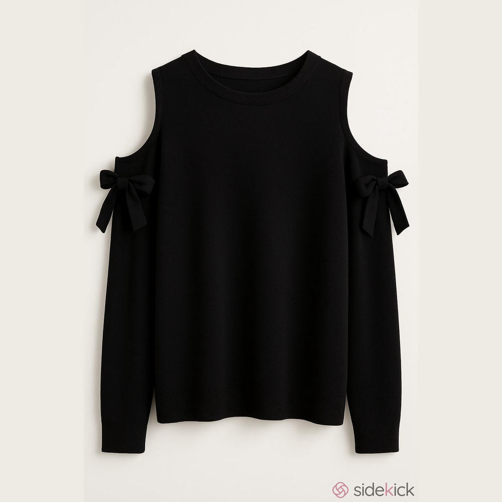 J. Jill Black Cold Shoulder Sweater with Crew Neck And Bow Detail On Sleeve